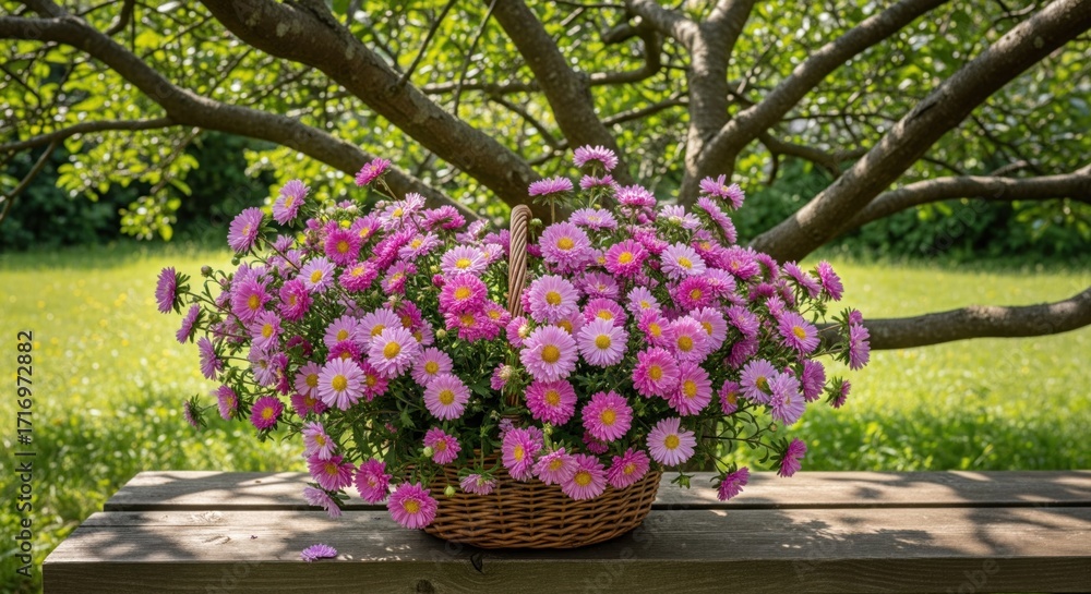 Obraz premium A basket brimming with vibrant pink flowers sits on a rustic wooden bench beneath a leafy tree canopy