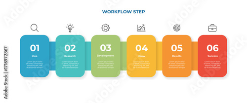 Business process infographic timeline with 6 steps. Modern flat design template showing stages from marketing icons. Creative horizontal workflow chart