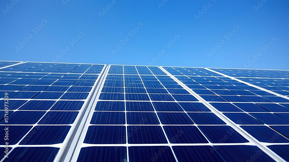 Obraz premium Solar panels under a clear blue sky, representing clean energy and sustainability.