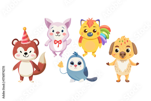 Collection of adorable cartoon animals with party hat