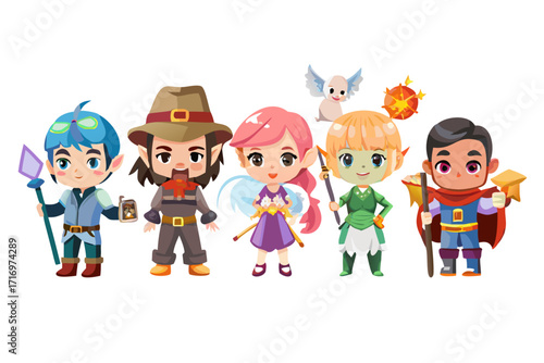 Collection of diverse fantasy character icons with wizard, elf, and warrior