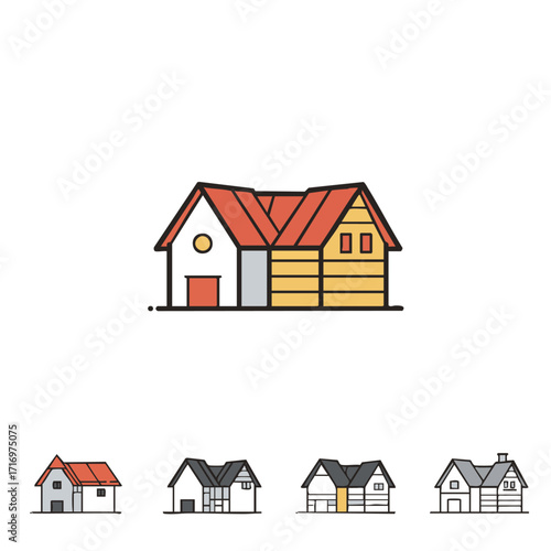 This vibrant collection of modern flat design house icons features diverse architectural styles with red roofs and clean lines, perfect for digital projects.