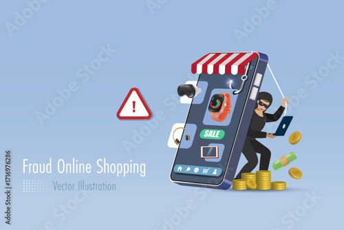Fraud online shop on smartphone. Hacker online phishing money from online fake shop. Cyber crime concept. 3D vector.