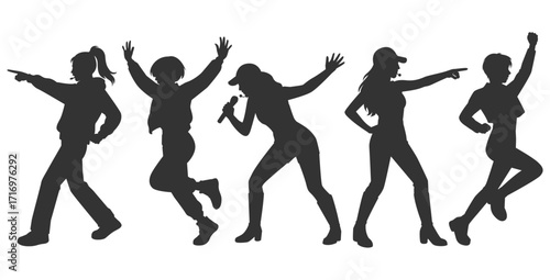 Set silhouette illustrations of kpop idols singing and dancing on stage. Flat vector kpop music star. Modern group dancers with various different styles, poses and choreography. Korean pop cultures.