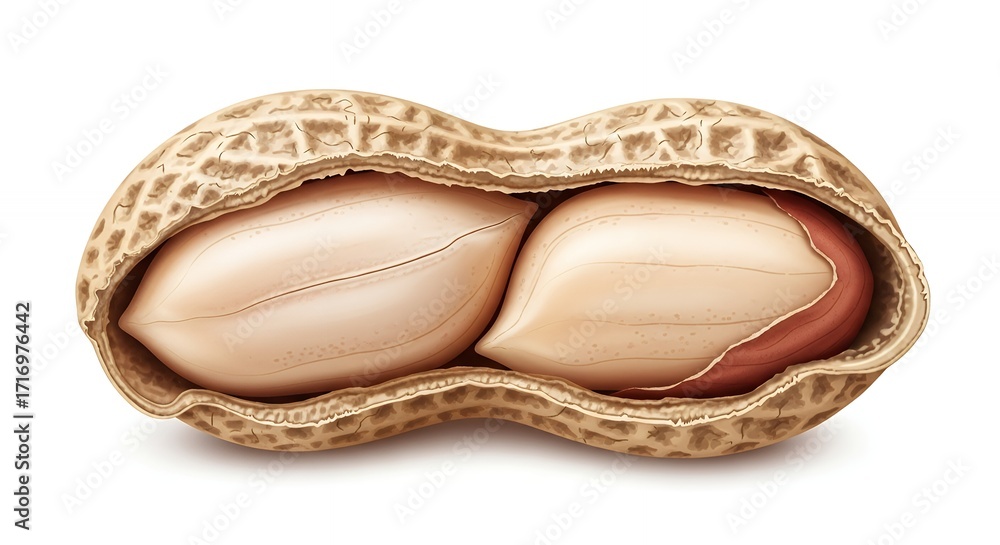Naklejka premium Closeup Detailed Realistic Peanut Shell with Two Light Brown Nuts Inside on White Background