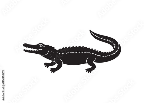 Aggressive alligator silhouette vector with open jaws and sharp teeth.