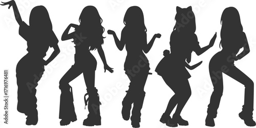 Set silhouette illustrations of kpop idols singing and dancing on stage. Flat vector kpop music star. Modern group dancers with various different styles, poses and choreography. Korean pop cultures.