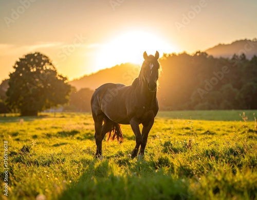 Fototapeta Naklejka Na Ścianę i Meble -  Majestic horse at golden sunset