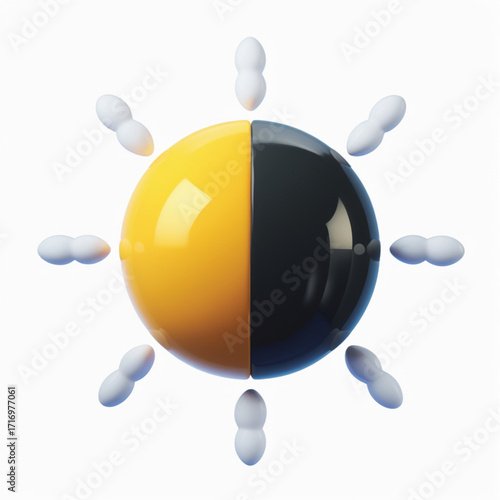 3D rendering of a sphere split in half, yellow and black, surrounded by cloud-like shapes.