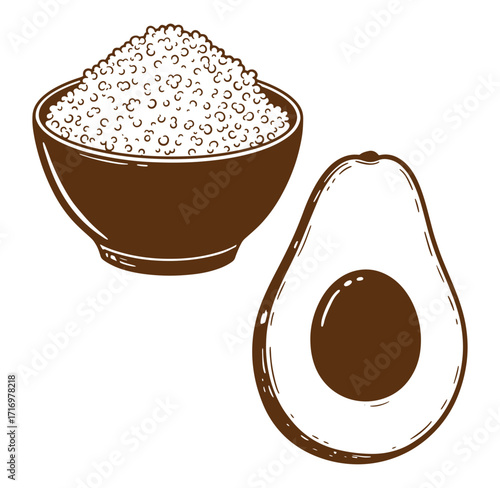 Artistic illustration of a bowl of quinoa and a halved avocado in brown color