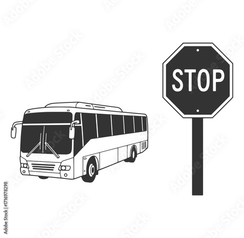 Black and white illustration of a tour bus with stop sign on white background