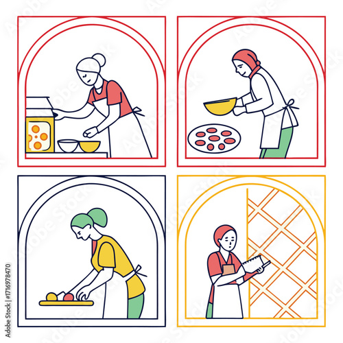 Four panels of women engaged in different cooking activities