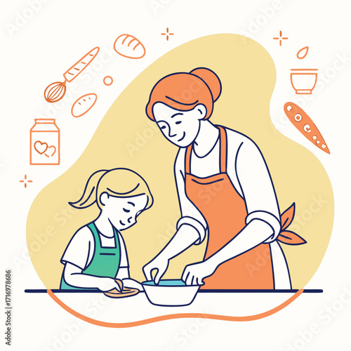 Mother and daughter baking together in a kitchen cooking