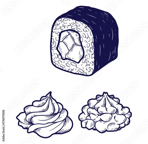 Delicious hand drawn sushi roll and garnishes isolated on white background for culinary designs