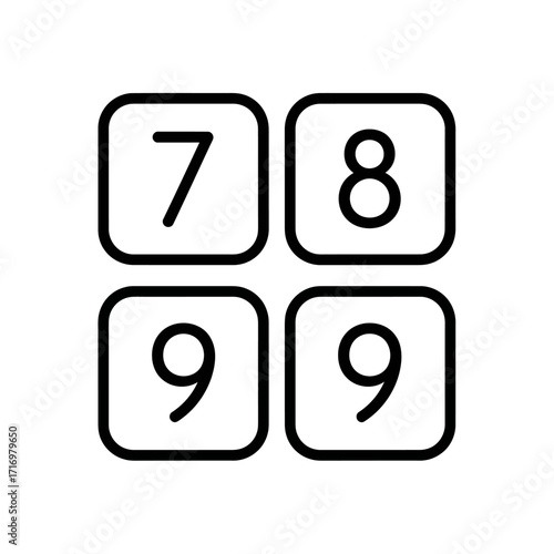 Four squares displaying the numbers seven, eight, nine, and nine in a simple, outlined design.