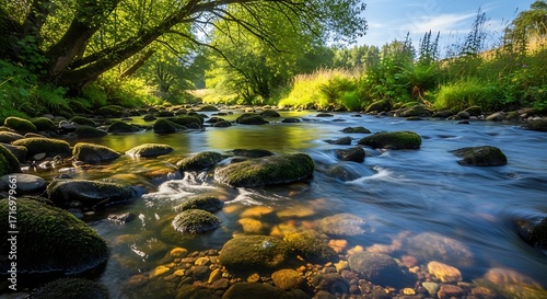 A tranquil river meanders through a lush forest, its clear water flowing gently over smooth stones, dappled with sunlight.