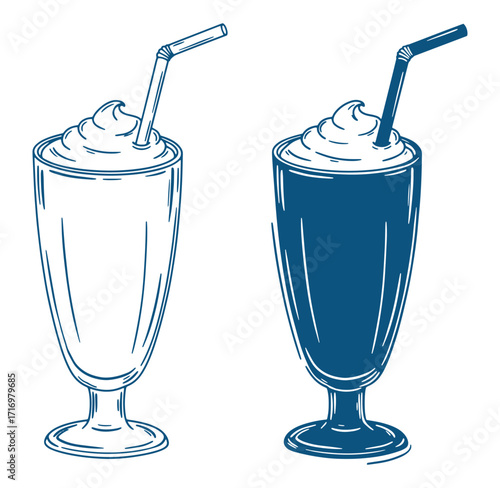 Elegant hand drawn illustration of two milkshakes with whipped cream and drinking straws