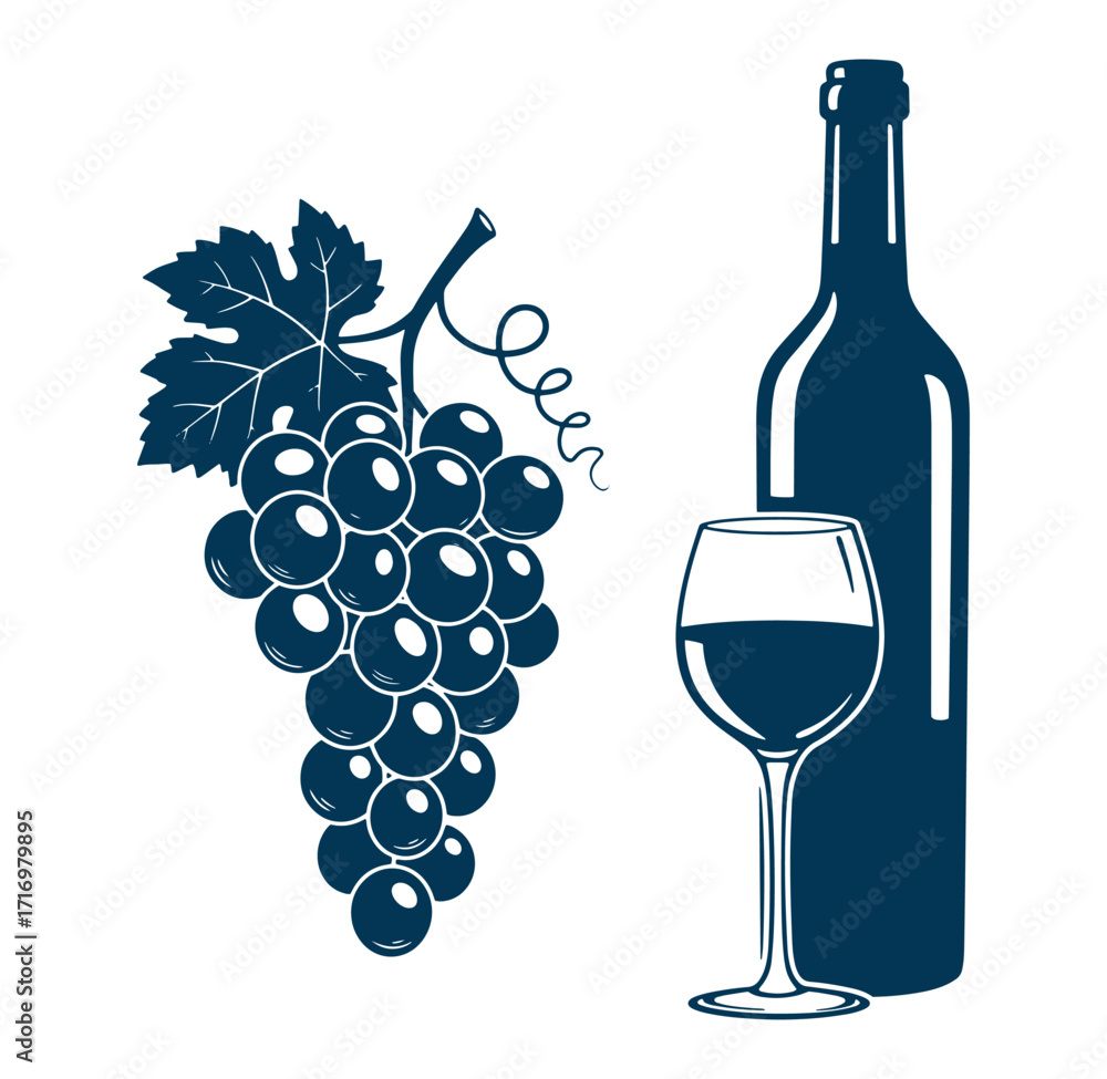 Fototapeta premium Elegant wine illustration featuring grapes bottle and glass on a clean white background