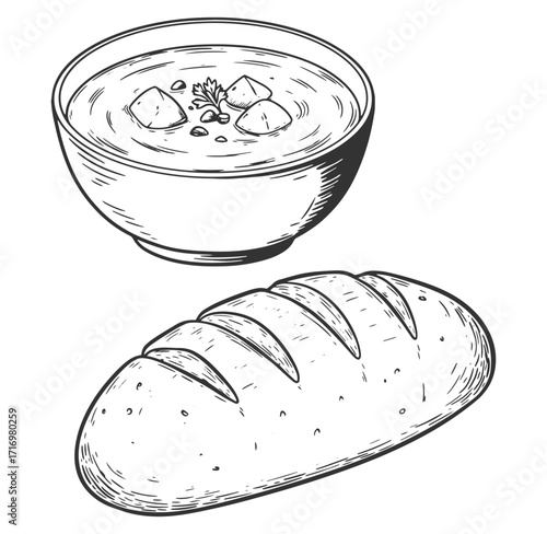 Hand drawn illustration of a bowl of soup and freshly baked loaf of bread
