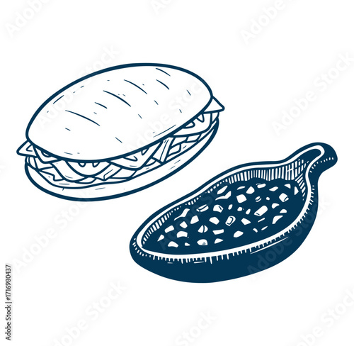 Hand drawn illustration of a delicious sandwich and a serving of beans on a white background