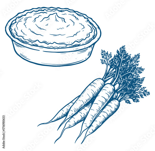 Hand drawn illustration of hummus with carrots perfect for healthy food and lifestyle concepts