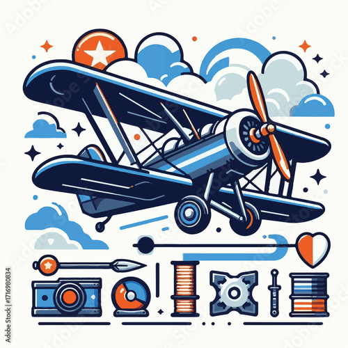 biplane, airplane, plane, aircraft, air, propeller, flight, sky, vintage, aeroplane, old, fly, retro, aviation, transport, wing, pilot, travel, illustration, red, background, vector, transportation, w