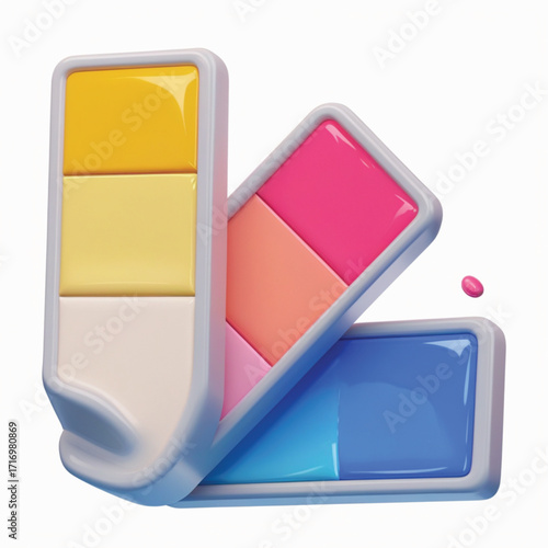 A glossy 3D icon of a fanned-out color palette guide with vibrant yellow, pink, and blue swatches.