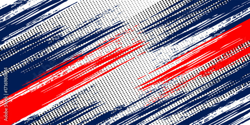 Bold grunge abstract background with diagonal brush strokes in blue, red, and white. Halftone dots give a vintage comic effect, adding contrast and energy for a dynamic, fast-paced look.