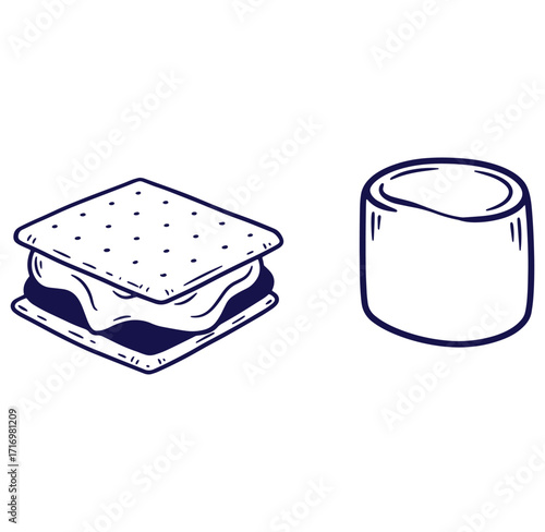 Hand drawn line art illustration of a delicious s'more and a marshmallow for dessert