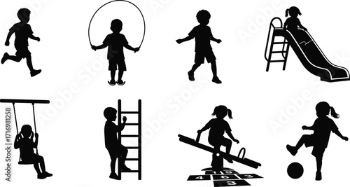 Children, playground, silhouette, running, jumping rope, swinging, climbing, sliding, seesaw, ball kicking, outdoor activity, fun, motion, black, vector,