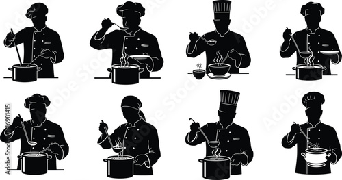 Silhouette chefs cooking, tasting soup, preparing meals, professional kitchen staff, culinary art concept, food preparation, restaurant kitchen scene