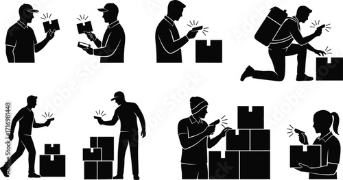 Logistics, delivery, scanning, package, inventory, silhouette, worker, handheld device, barcode, warehouse, box, shipping, courier, vector, black, illustration,