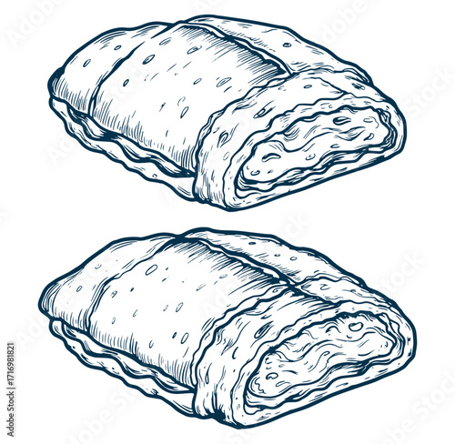 Hand-drawn illustration of two fresh strudel pastries in a vintage style with detailed lines.