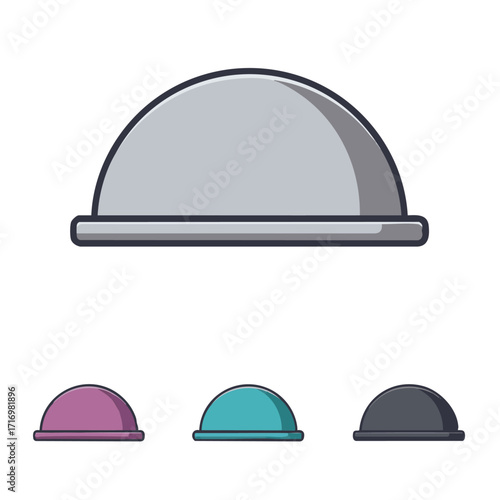 A simple vector illustration of a grey food cloche or serving dome, with three smaller colorful variations below, perfect for culinary and restaurant-themed designs.