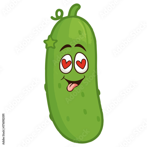 Funny cartoon cucumber character with heart eyes. Cute kawaii pickle mascot illustration in love, perfect for Valentines Day design, stickers, emoji pack, food art and playful projects.
