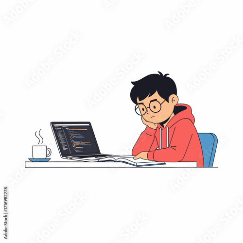 Focused young man studying programming and reading a book.