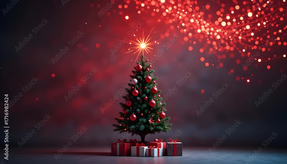 Obraz premium Decorated Christmas tree with presents and glowing red ornaments on a festive red bokeh background, perfect for holiday greetings and seasonal ads.