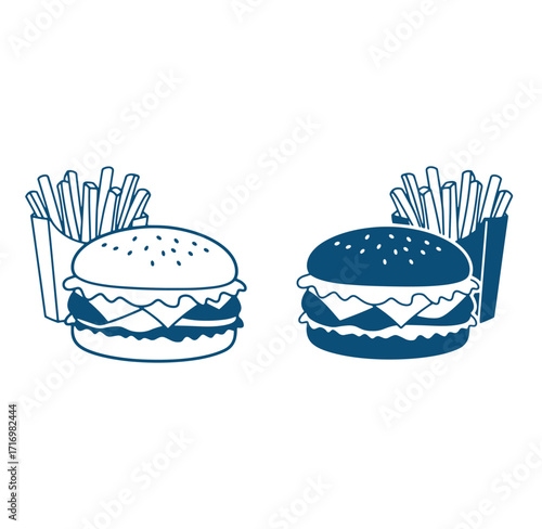 Illustration of two burgers with fries in different color schemes for fast food concept
