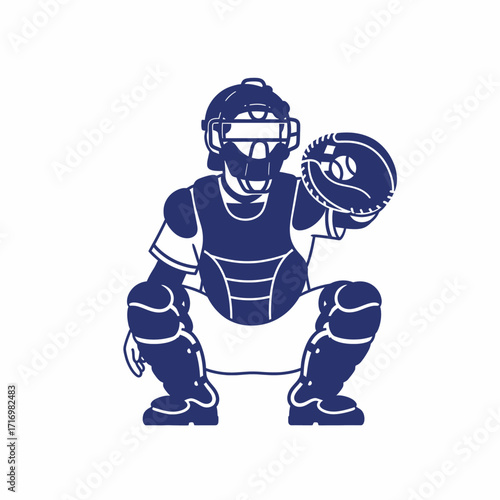 Blue and white illustration of a baseball catcher in a squatting position wearing full protective gear.