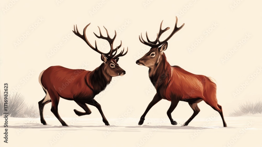 Obraz premium Majestic Deer Engaged in Playful Interaction in Winter Landscape
