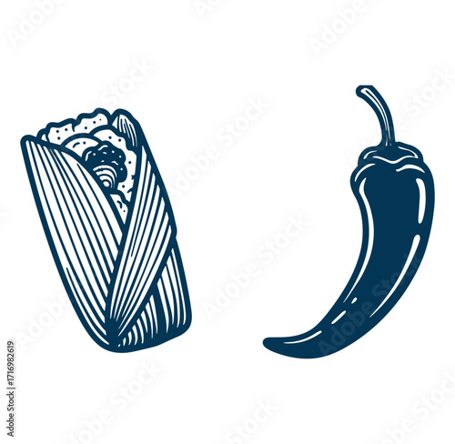 Line art illustration of a delicious burrito with a single red hot chili pepper