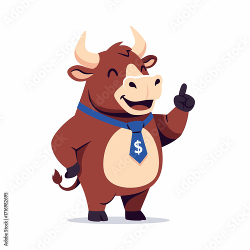 Cartoon bull wearing a tie with a dollar sign, pointing upwards.