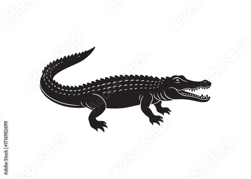 Aggressive alligator silhouette vector with open jaws and sharp teeth.