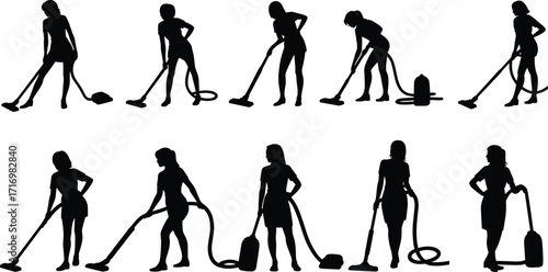 Vacuuming silhouettes, cleaning poses, household chore, black vector people, upright vacuum, ergonomic posture, home task, corded vacuum, movement study