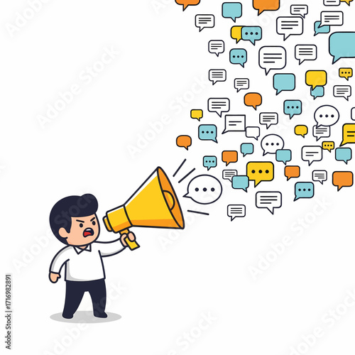A cartoon man with an angry expression shouts into a megaphone, releasing a cloud of colorful speech bubbles representing communication and public opinion.