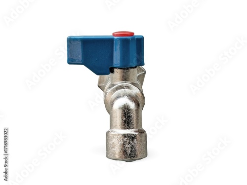 Close-up of a shiny silver water faucet with a blue handle on a white background. Front view shot. 