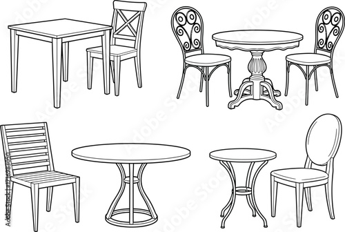 Collection of hand drawn black and white sketches of vintage cafe tables and chairs for outdoor seating arrangements