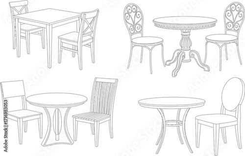 Collection of four hand drawn black and white sketches of outdoor cafe tables and chairs in various styles