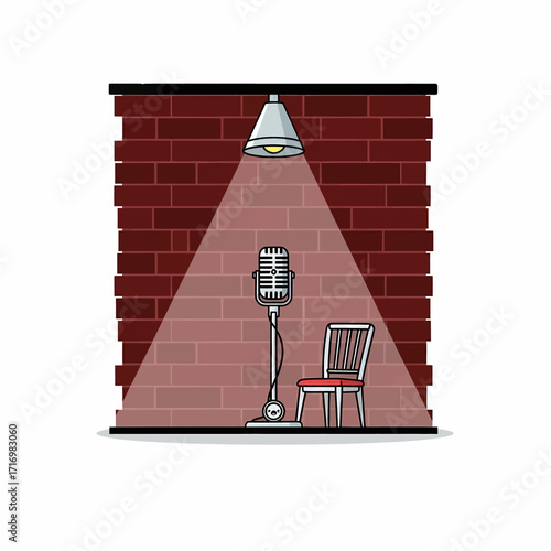 A spotlight illuminates a vintage microphone and a chair against a red brick wall, depicting a stage for performance.