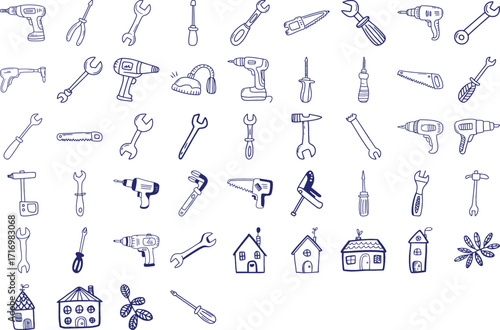 Handyman toolkit doodles for DIY projects and home repair needs in blue line art